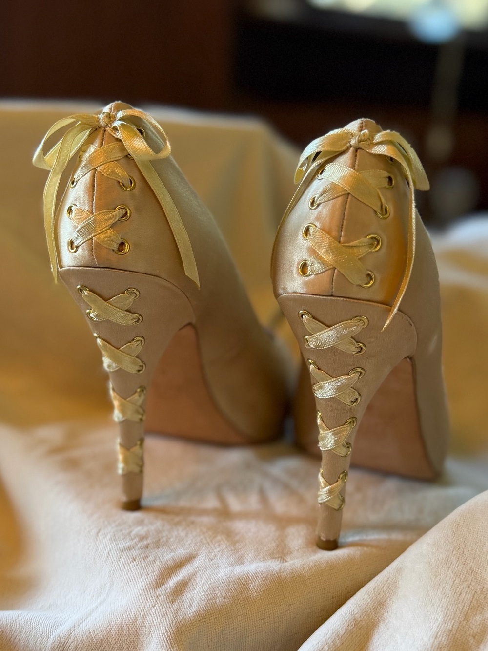 BCBGMaxAzria Gold Satin Lace-Up High Heels